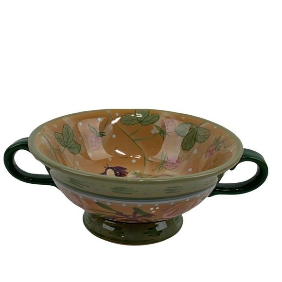 Danna Cullen Footed Rooster Cereal Soup Bowl Strawberries Handles 6" Colorful - Picture 2 of 9